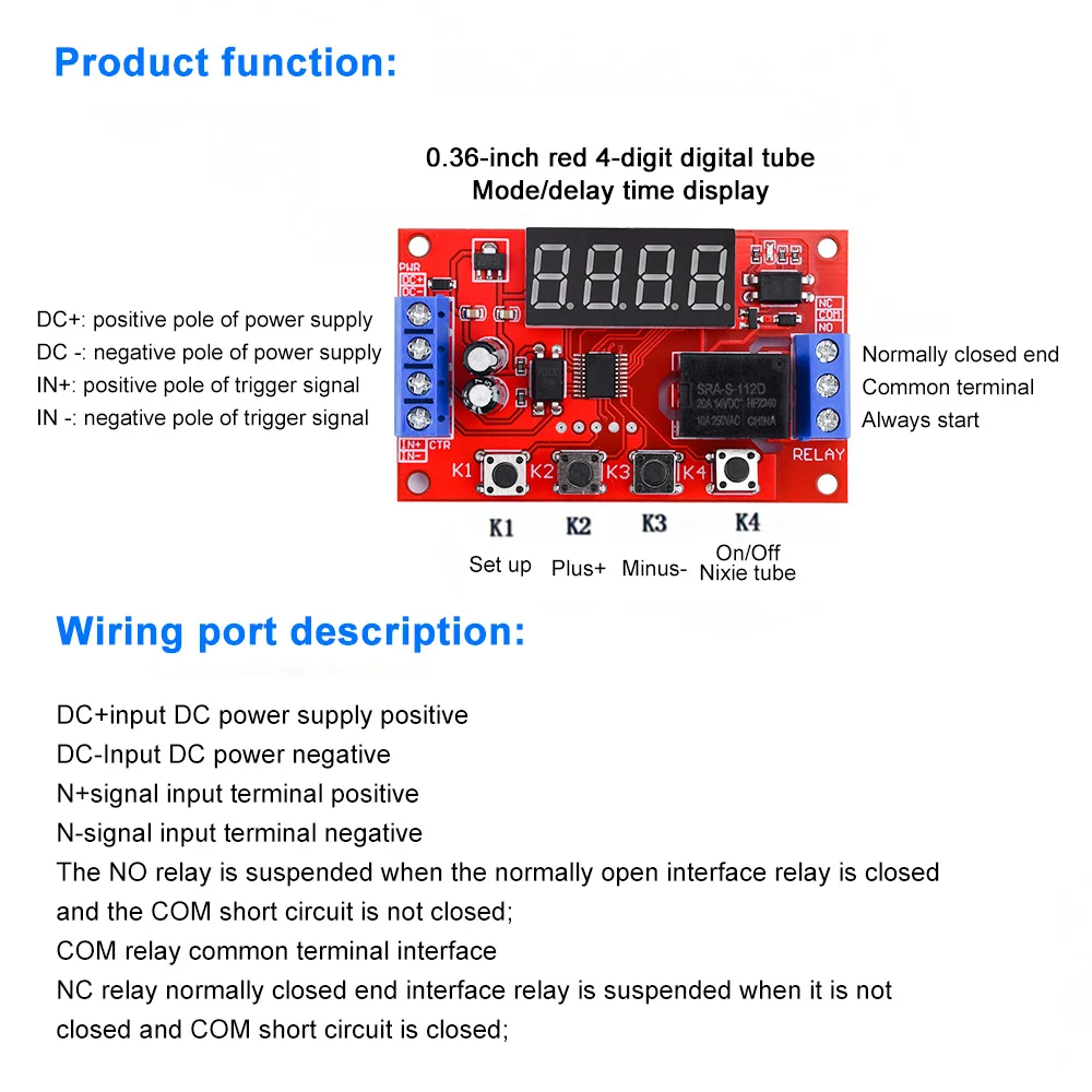Moduł przekaźnika czasowego DC 5V 12V 24V moduł czasowy wyzwalania wyzwalacza Opóźnienie pomiaru czasu Moduł sterowania przełącznikiem obwodu z wyświetlaczem LED