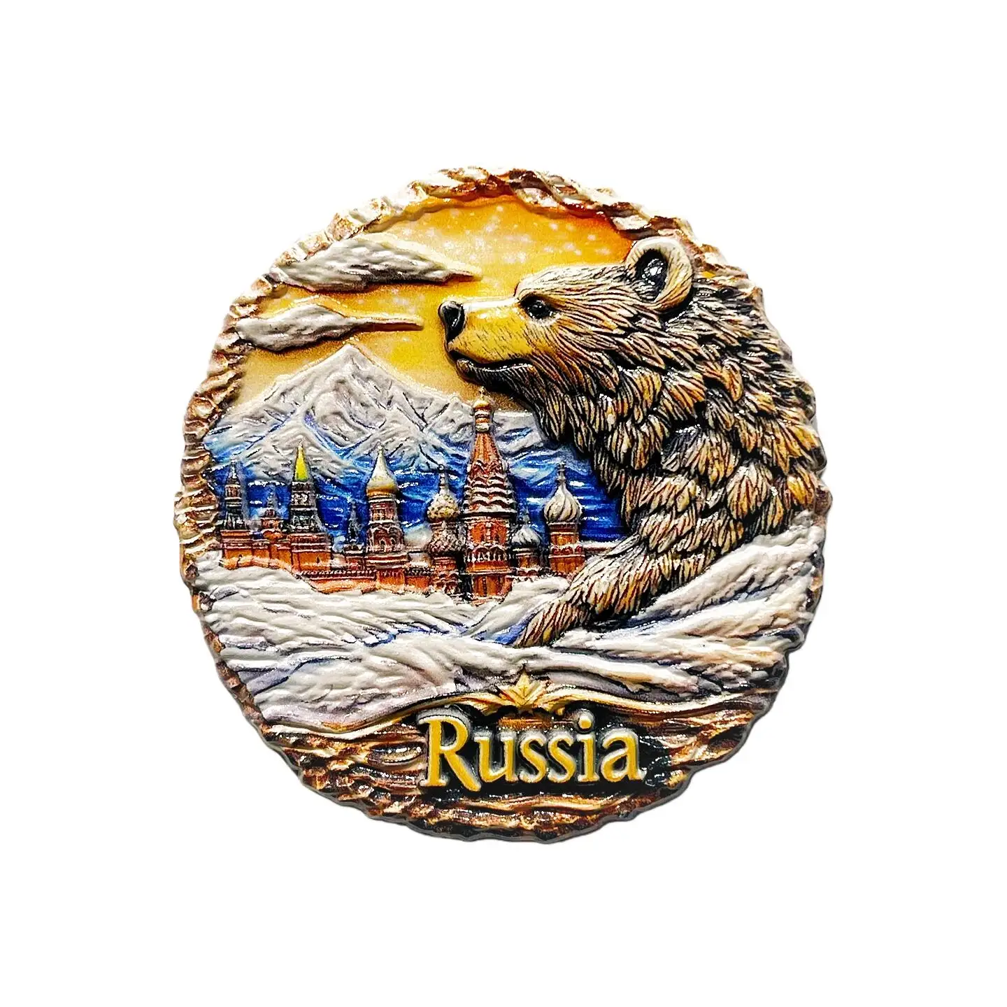 Russian Creative Design Red Square Brown Bear Snow Scene Disc Decoration Travel Souvenir Magnetic Refrigerator Magnet