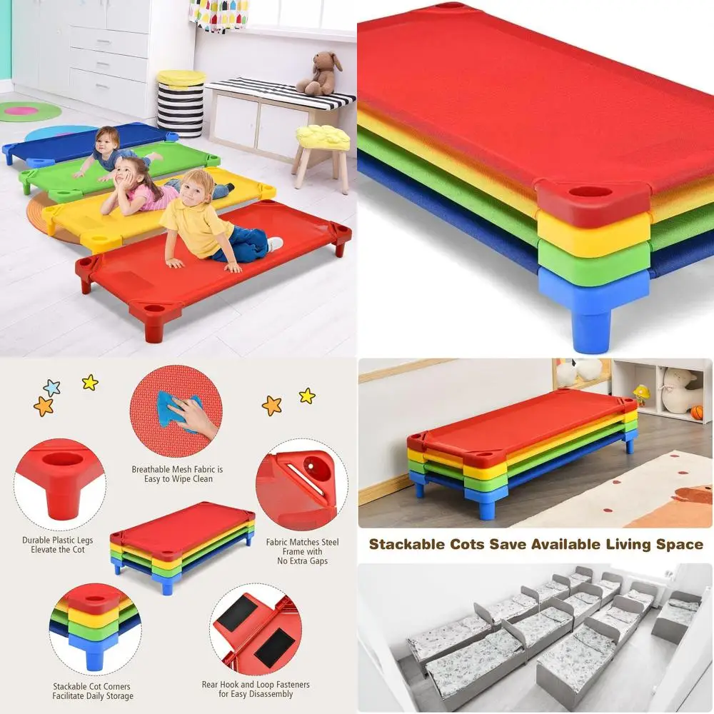 Stackable Kids Nap Cot, Space-Saving Sleep Bed with Liftable Corners, Easy Assembly, Ideal for Preschool and Daycare, 4-Pack Mul