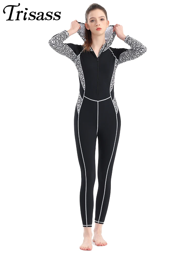 Trisass 2024 New Arrival One Piece Women Swimwear Long Sleeve Monokini Long Pants Bodysuit With Cap Bathing suit Rash Guards