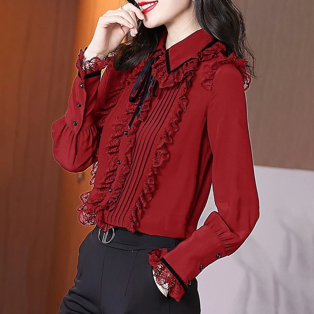 

Autumn women's 2026 new fashion foreign fashion fashion burgundy bow lace chiffon long-sleeved shirt top