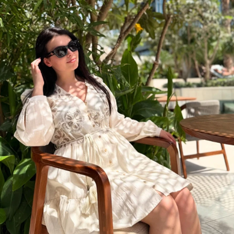 HXAO Woman 2025 Embroidery Short Dresses Pleated Floral Mini Dress Summer Belt Long Sleeve Dresses Boho Beach Elegant Lady Dress