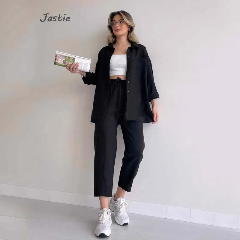 Solid Single Breasted Shirt Suits Spring Summer Fashion Long Sleeve Shirt Straight Leg Pants Two Piece Set For Women Outfit 2023