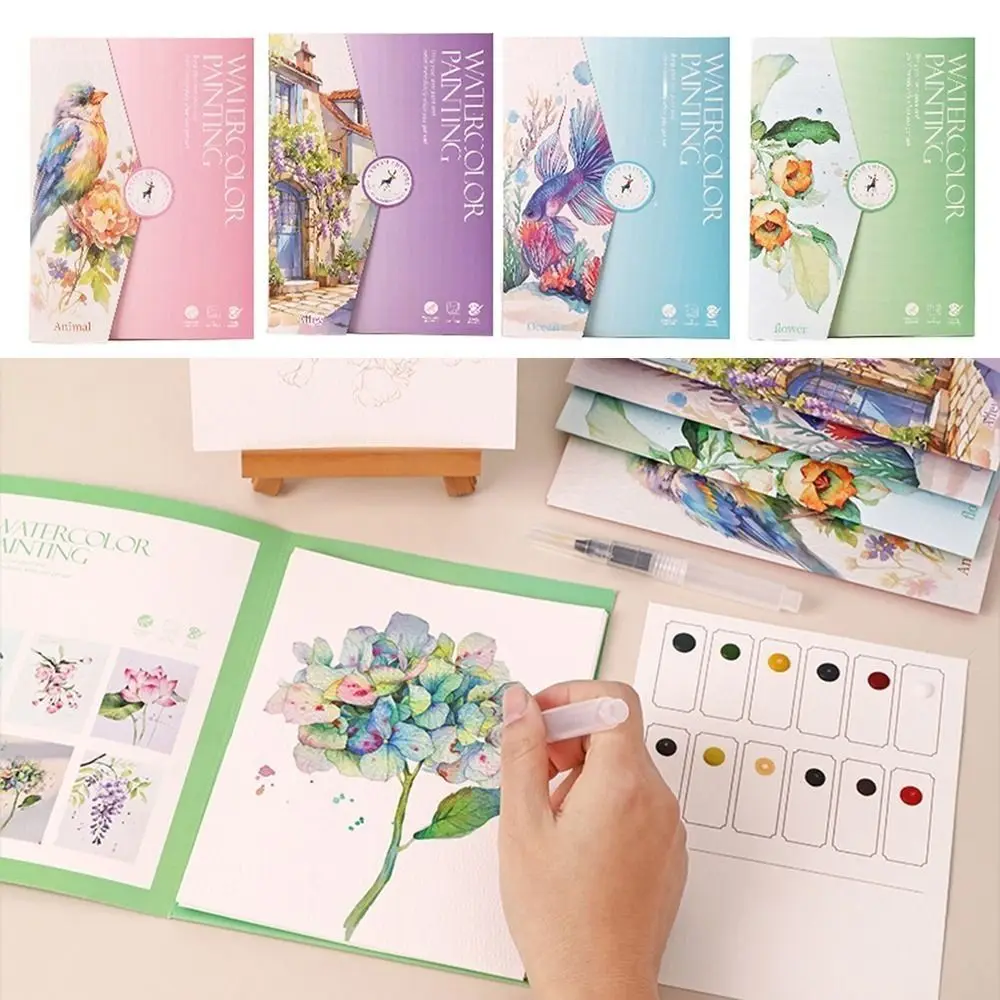 6-Page Foldable Watercolor Painting Kit High-Quality Paper 12 Colors Watercolor Sketchbook Various Designs With Painting Brush