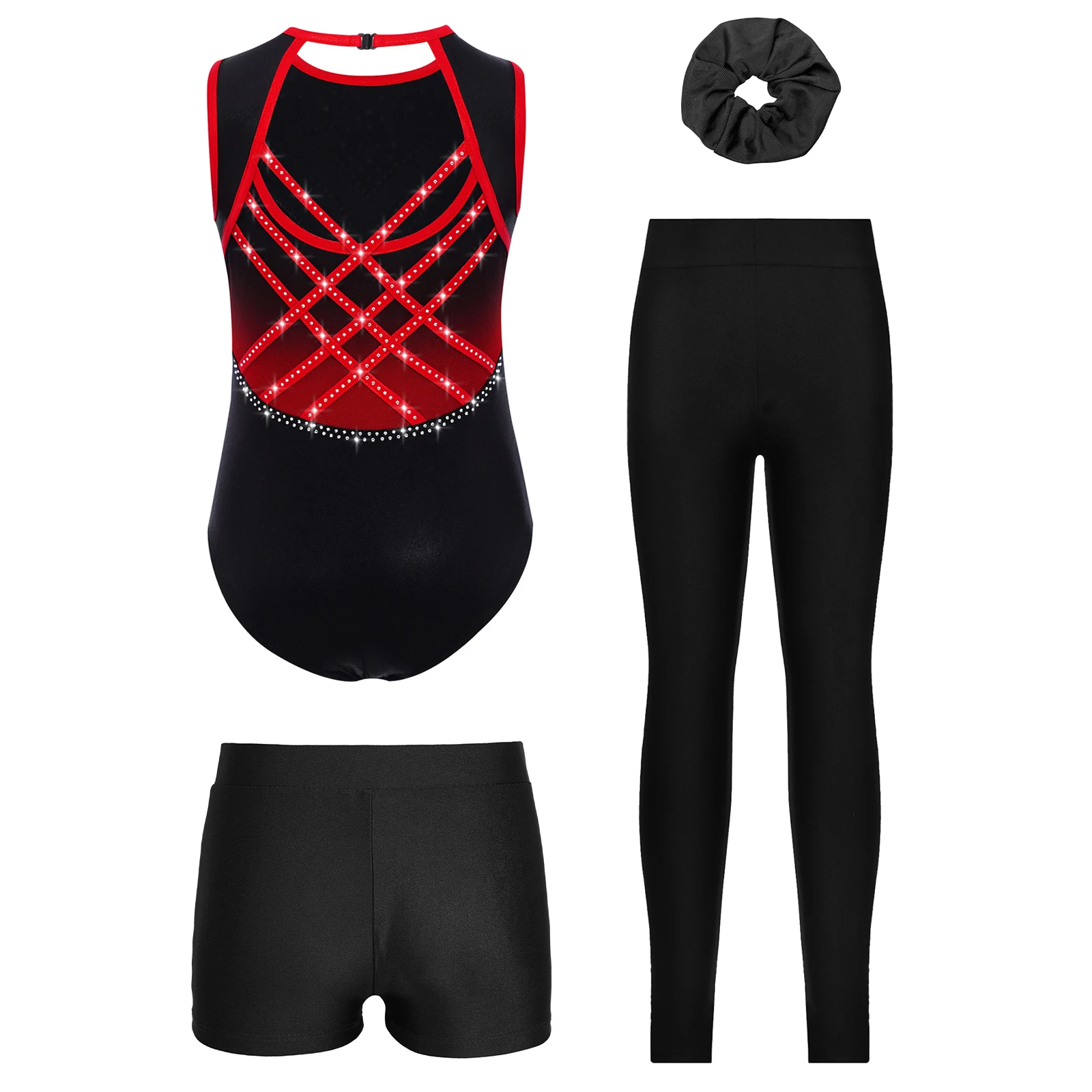 Costume de danse et de gymnastique pour filles, 4 pièces, dos croisé, strass brillants, justaucorps métallique + short + Leggings + couvre-chef
