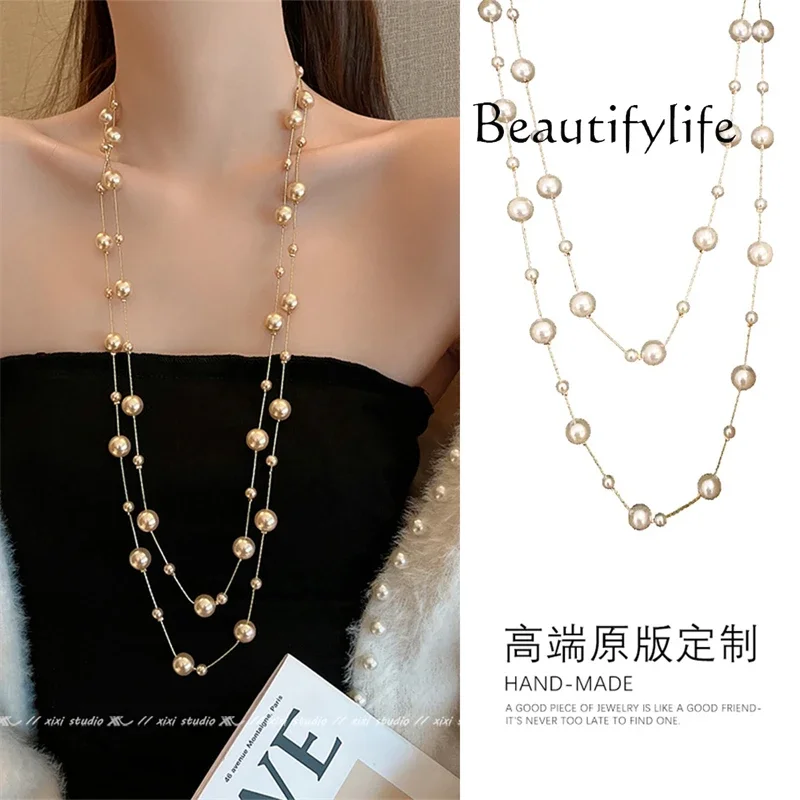 Exaggerated pearl necklace long sweater chain women's European and American retro high-end sense adjustable neck chain