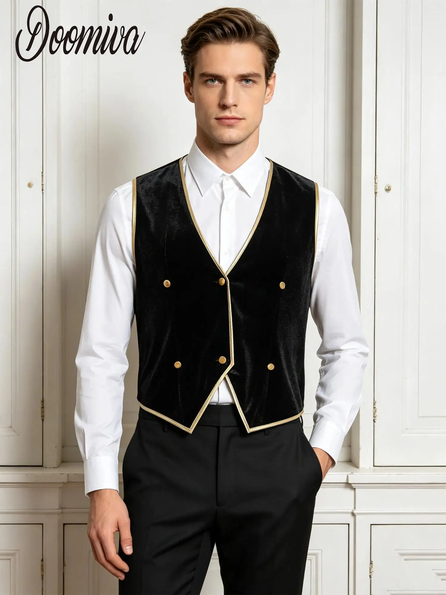 Men Vintage Medieval Velvet Princesses Tailcoat Waistcoat V Neck Victoria Blazer Tuxedo Vest for Halloween Raves Party Cocktail