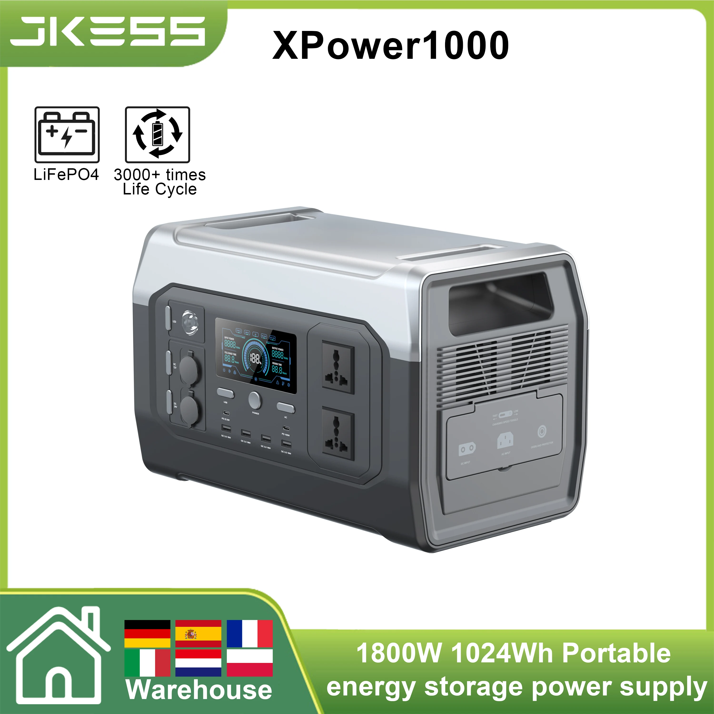 JKESS 1800W Portable Power Station Camping 1024Wh Backup Lifepo4 Battery 320000mAh Solar Generator 220V AC Outlet for Home,RV