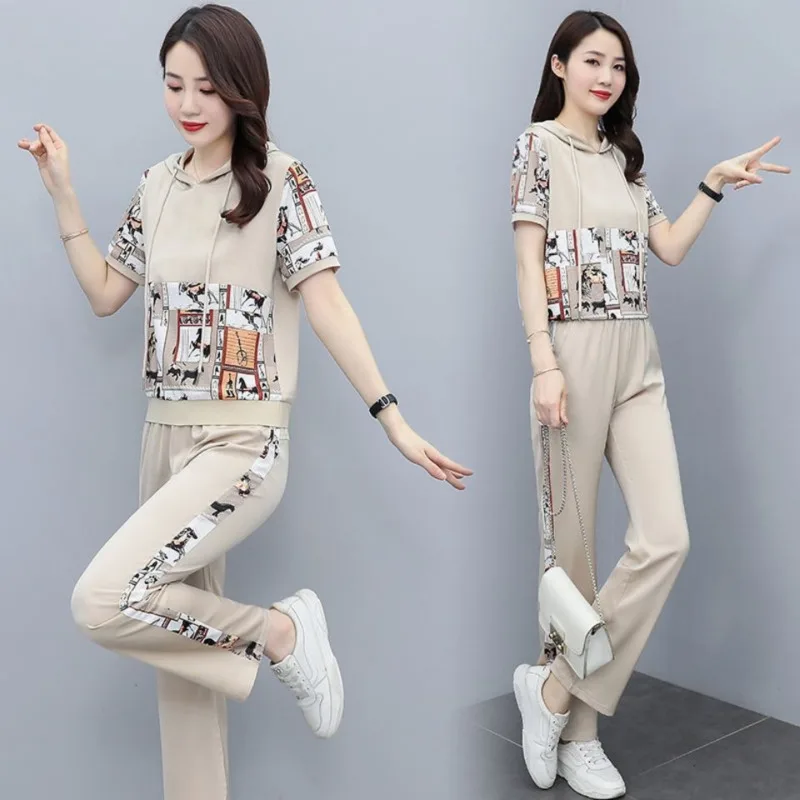 2024 Summer New Fashion Suit Female Korean Casual Loose Short Sleeve Hooded T-shirt Tops Straight Pants Two Piece Set For Women