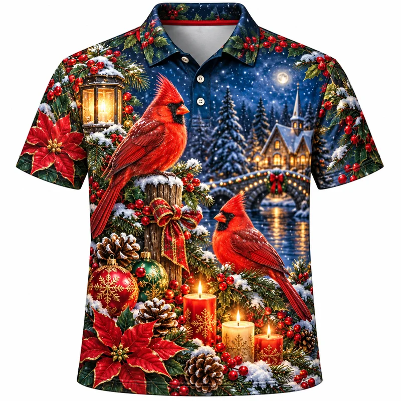 Christmas Polo Shirt for Men Short Sleeve Corgi Cardinal Owl Raccoon Fox Graphic Designs Casual Holiday Party Top