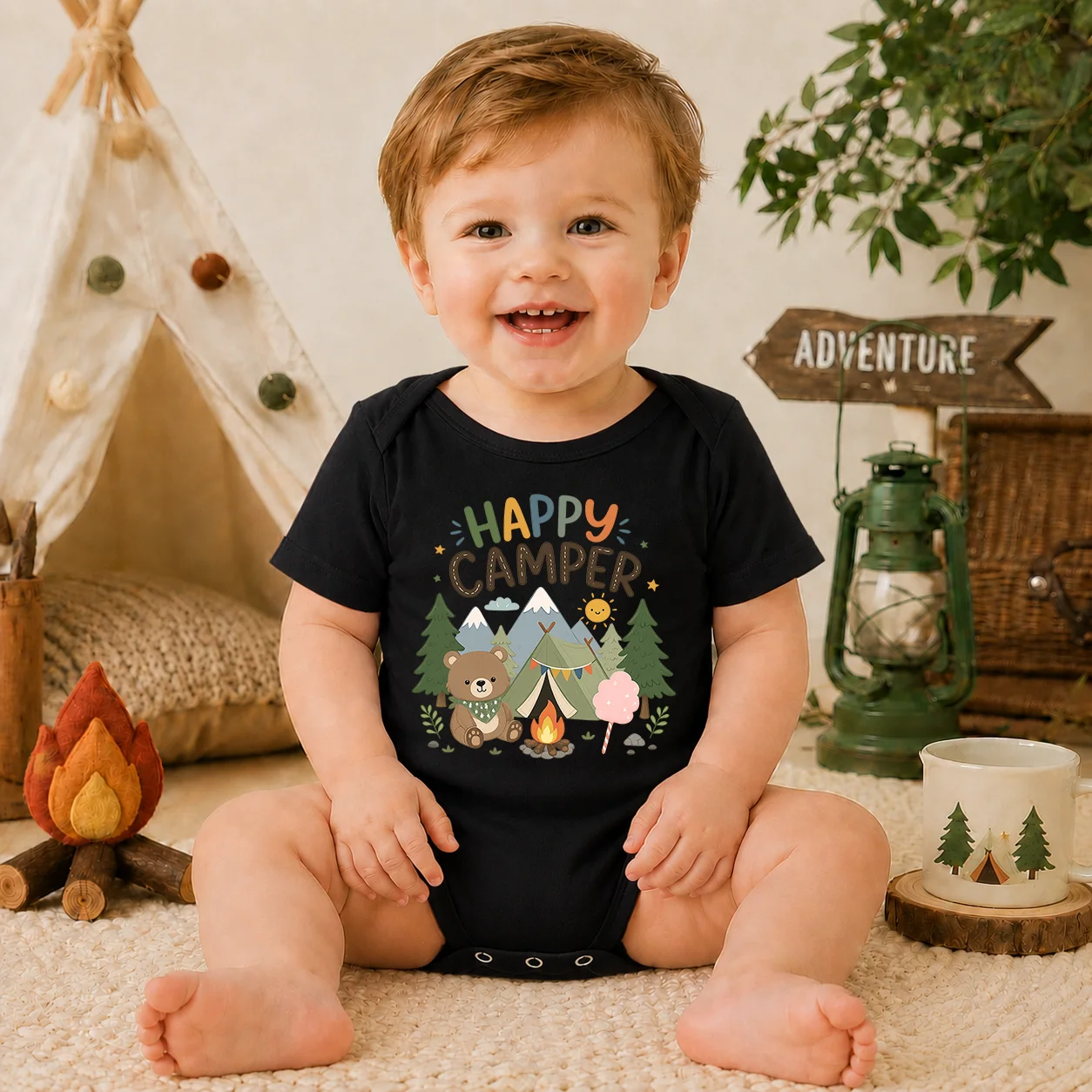 Happy Camper Baby Bodysuit Cute Bear Camping Mountain Print Newborn Short Sleeve Onesie Infant Boys Girls Summer Jumpsuit Baby O
