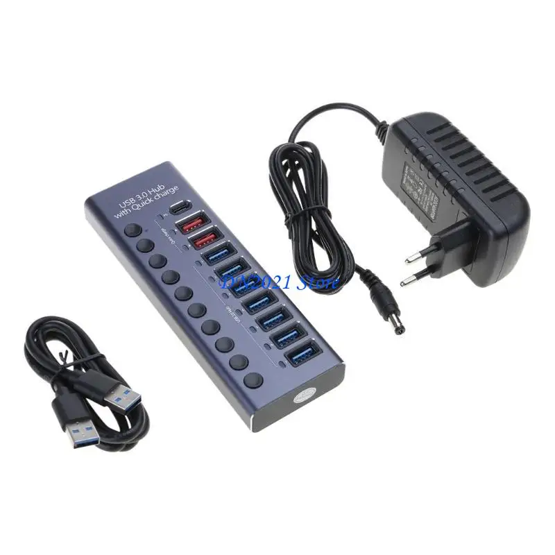F3KE 9-Port USB + Type C Hub Expander with Individual Power Switches & LED Includes 60W 12V/5A Power Adapter 5Gbps Speed