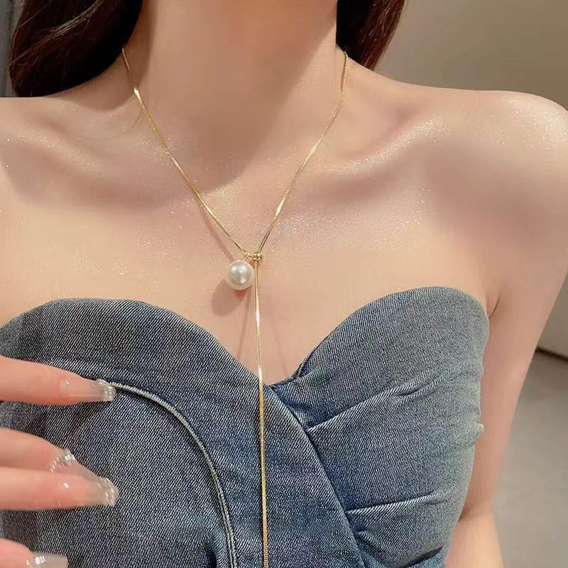 Fashion Silver Color Long Tassel Pull Pearl Pendant Necklaces for Women Simple Adjustable Clavicle Chain Choker Jewelry Gift