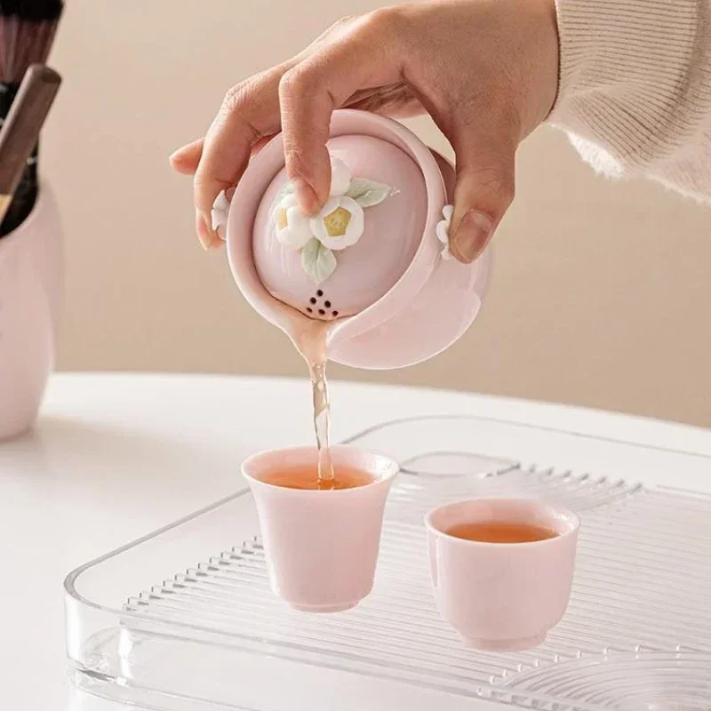 

Pink Kneaded Flower Travelling Tea Set Outdoor Portable Bubble Tea with Storage Bag Kung Fu Tea Set Ladies Ceramic Snap Cups