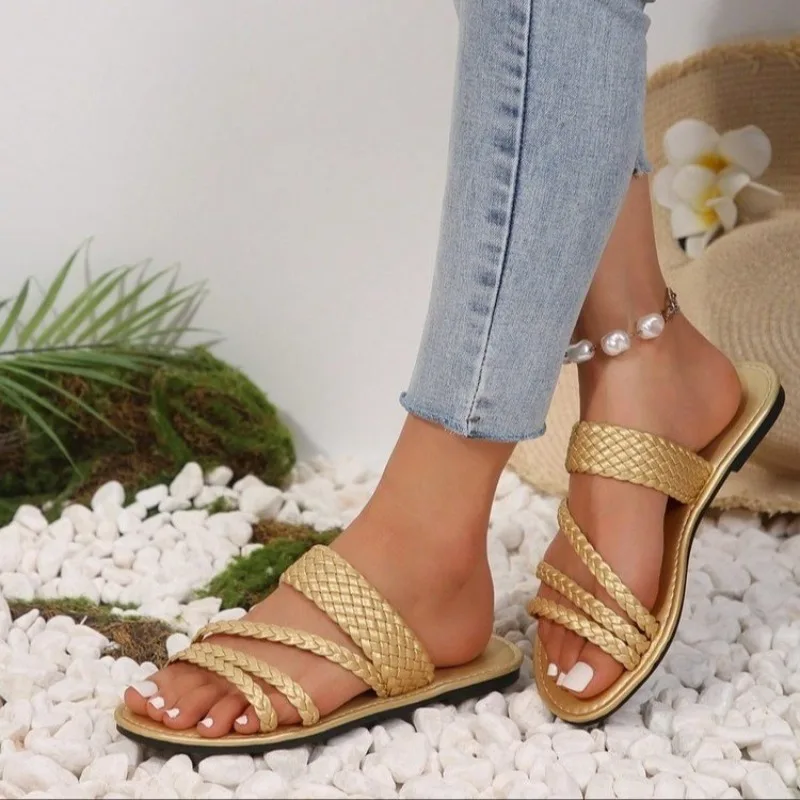 

Женские тапочки большого размера, пляжные модные сандалии, летние тканые уличные тапочки, удобная обувь без шнуровки, домашние шлепанцы, женские