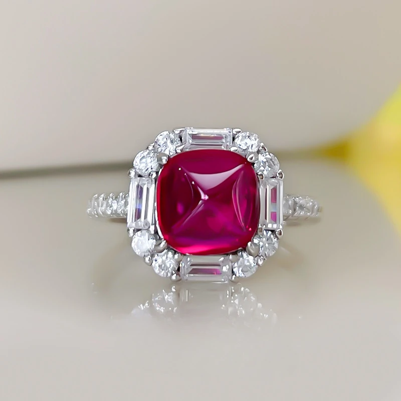 3 Carat Daily Precision Sugar Tower Ruby Ring T-shaped High Carbon Diamond S925 Silver Set Fat Square Engagement Jewelry