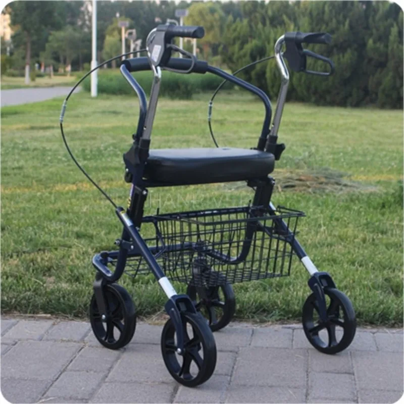 Folding shopping scooter for the elderly portable trolleys with four wheels can be pushed and seated to buy vegetables
