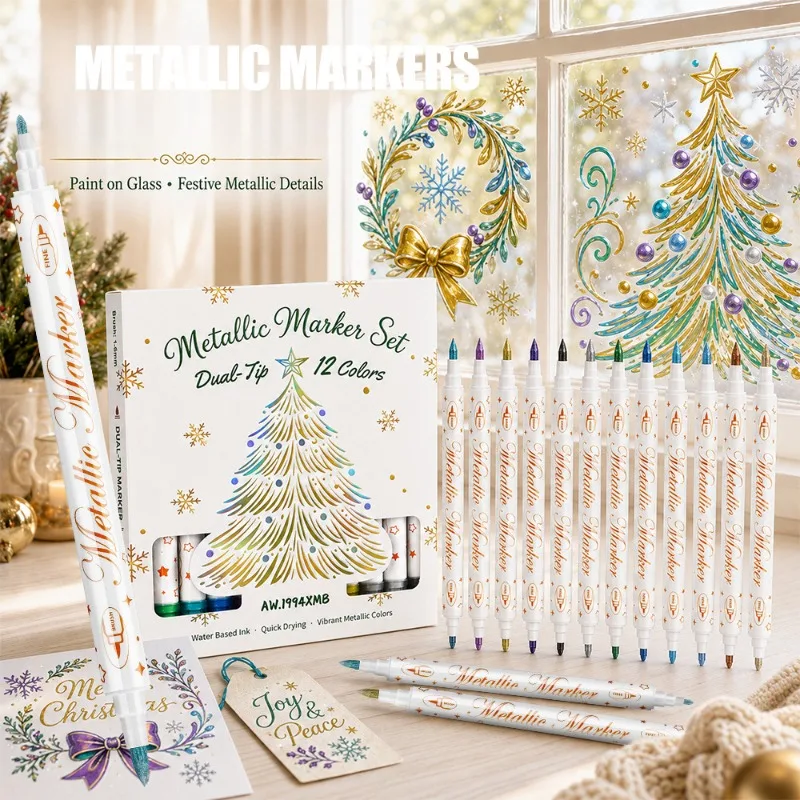 12 Colors Dual Tip Acrylic Marker Christmas Set Metallic Color Craft Signature Pen Hand Painted Card DIY Brush Pen Set Gift