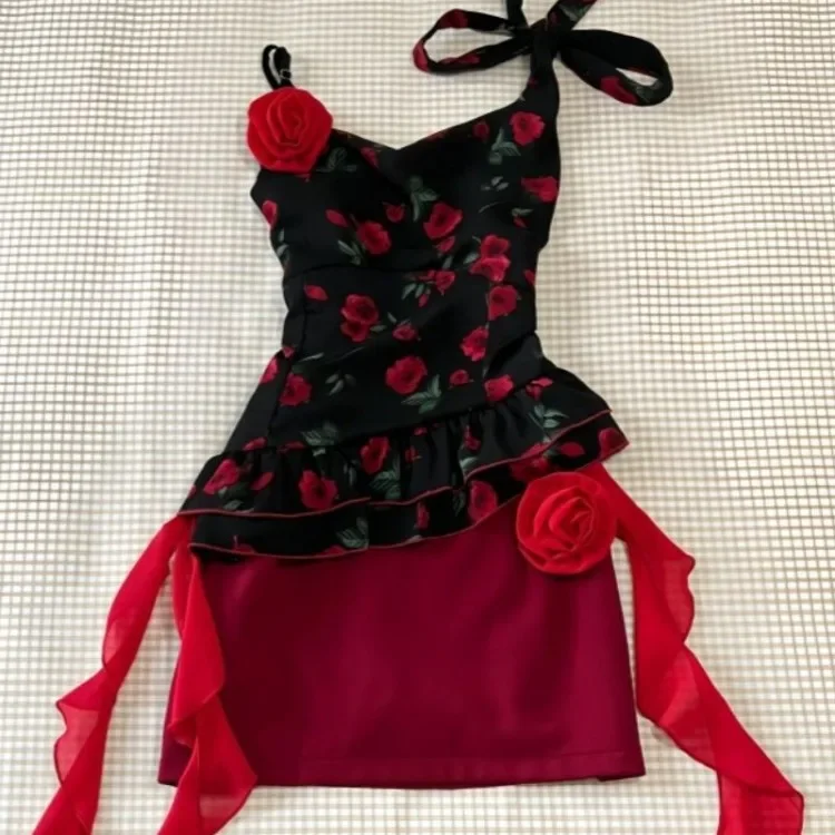 

Vintage Flower Print Bow Lace Up Slim Fit Camisole Tops Women+ High Waist Bodycon Skirts 2025 Summer New Two Piece Sets