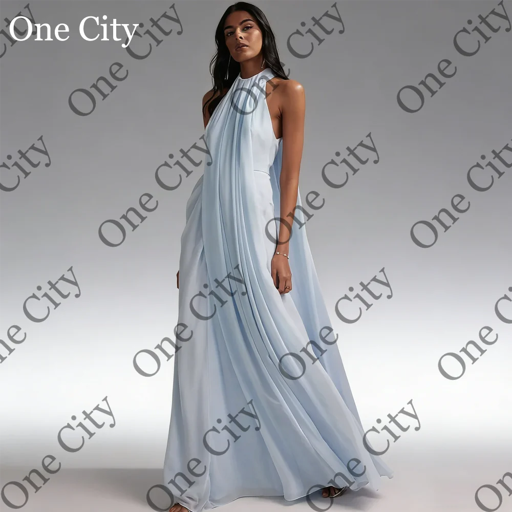 

New Light Blue Halter Neck Chiffon Evening Dress Women’s Formal Prom Gown Wedding Guest Party Long Dresses فستان سهرة