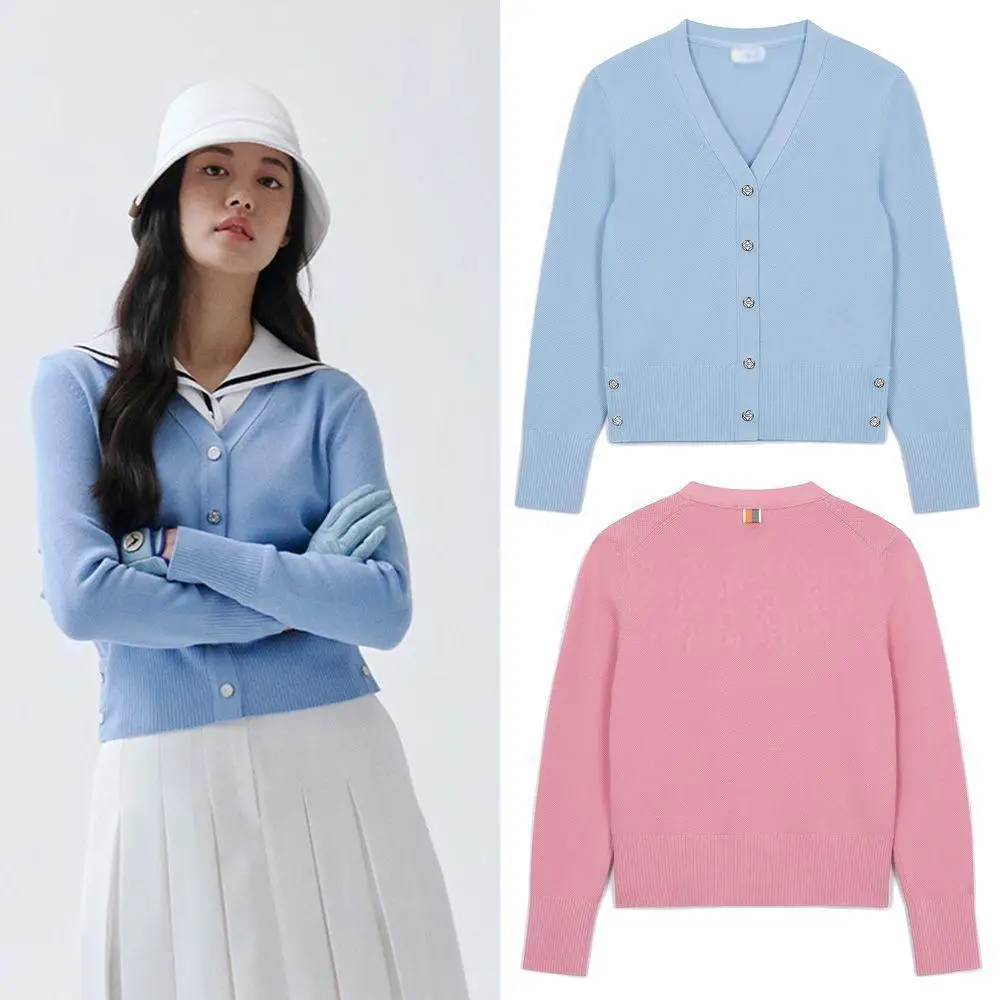 Women Versatile Golf Knit Cardigan V‑Neck Lazy Style Warm Fall Winter Sweater Coat Ladies Sports Casual Outer Top