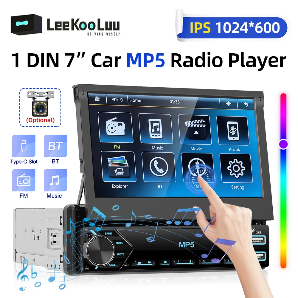 

LeeKooLuu 1Din 7" HD Manual Retractable Screen Monitor Music Video Player Universal 1 Din Car MP5 Multimedia Bluetooth FM Radio