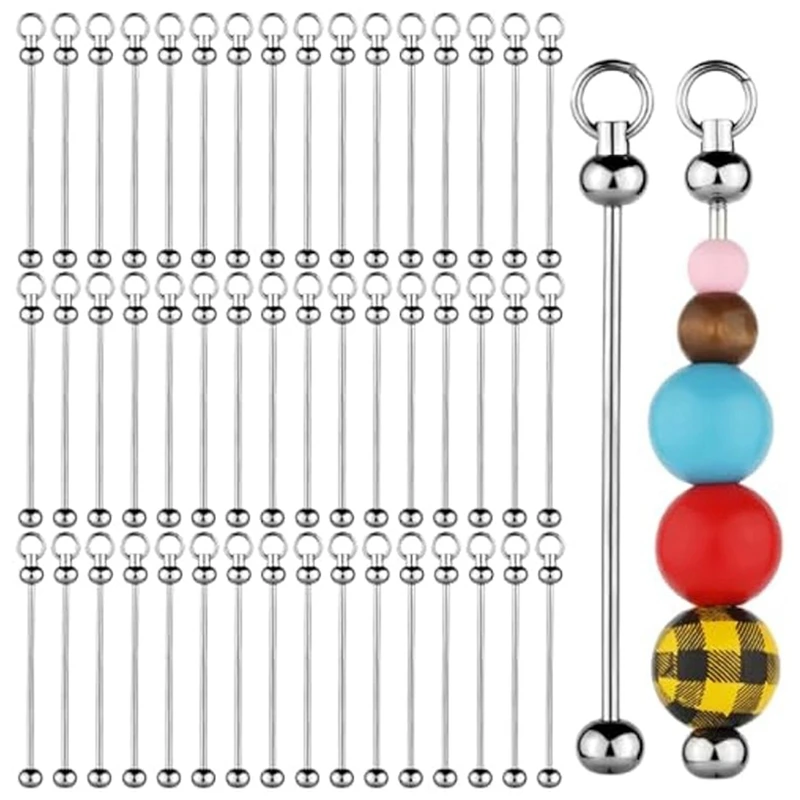 50Pcs Blank Beadable Keychain Bars,Metal DIY Bead Keychain Bar Charms Eady Detachable Key Chain Making Replacement Accessories