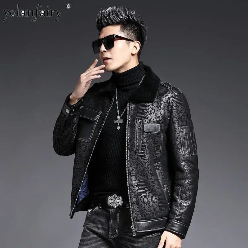 

Sheep Real Fur Coat Men's Leather Jacket Men Short Composite Leather and Fur Integrated Motorcycle Slim Mens Fur Jackets Winter