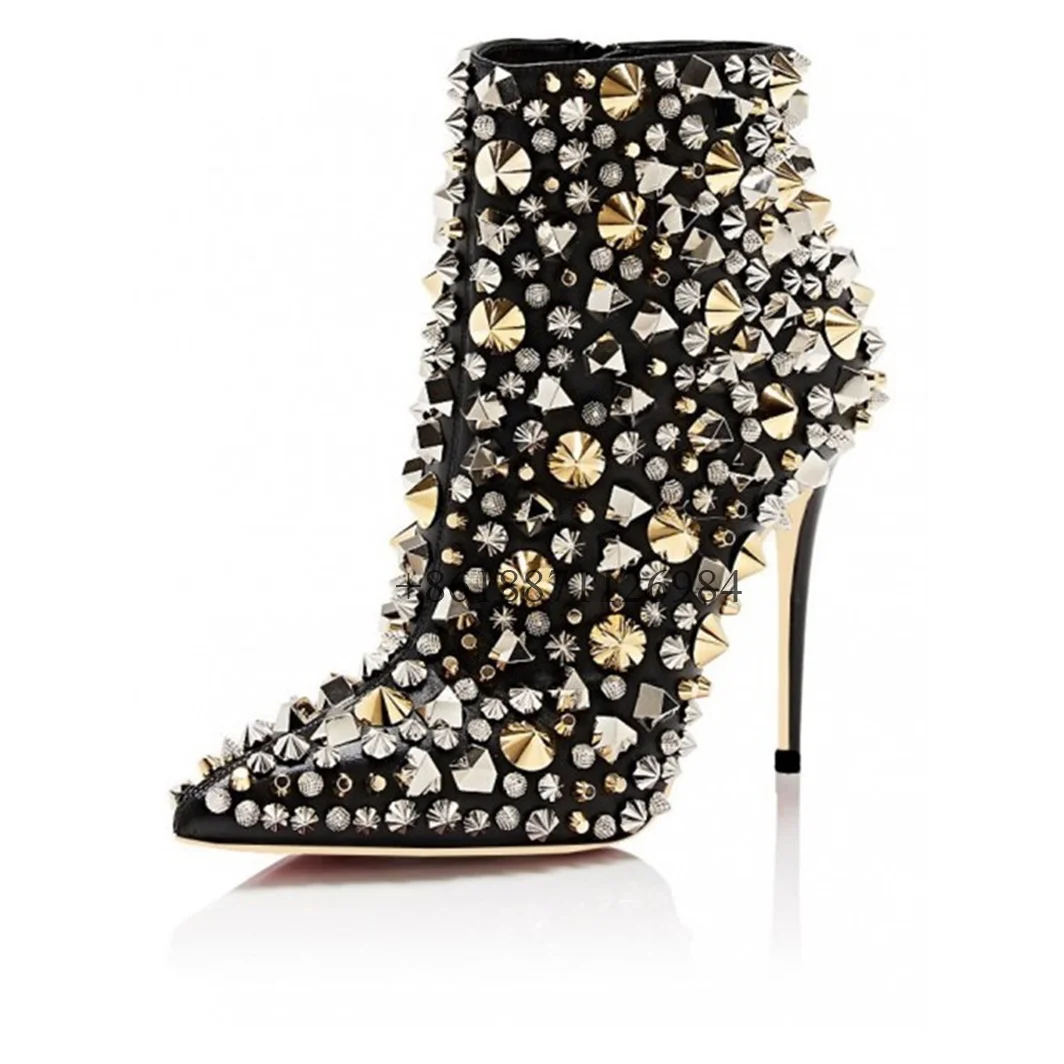 Bling Rhinestone Pointed Toe Ankle Women Boots With Rivet Metal Stiletto High Heels Side Zipper Design Large Size Shoes