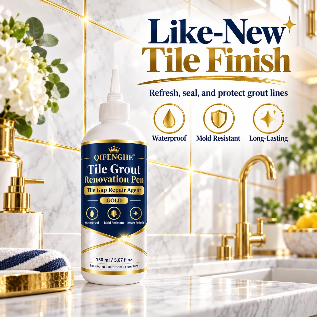 Gold Tile Grout Renovation Pen Waterproof Mold Resistant Quick Dry Gap Filler for Kitchen Bathroom Floor