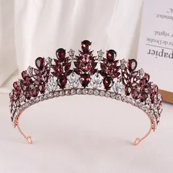 Baroque Retro Forest Wine Red Crystal Diadem Leaf Tiaras Royal Queen Bridal Crown Luxury Wedding Dress Hair Costume Accessories