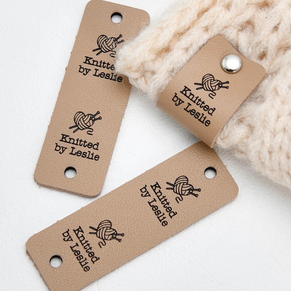 

Leather Labels, Genuine Leather Tags, Labels For Rivets, Centre Fold, Laser Engraved, Knitting Product, D508