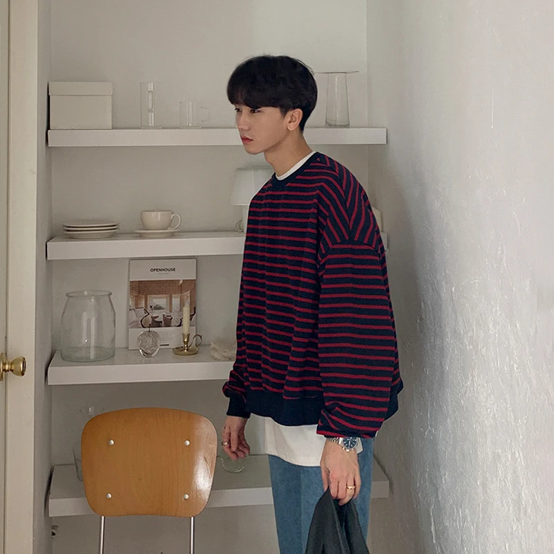 

MRCYC Men's Stripe Sweatirt Loose Fit round Ne Korean Sle Casual Outerwear Autumn Season Faionable Streetwear