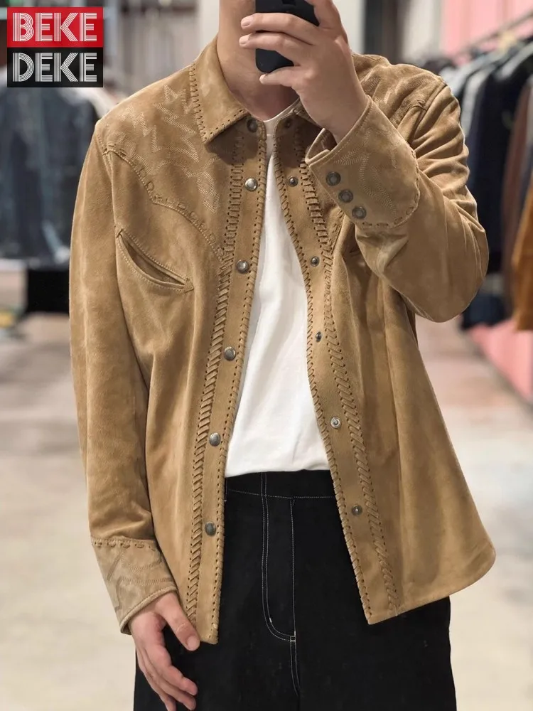 Mens Luxury Genuine Leather Vintage Jacket Slim Fit Shirt Collar Single Breasted Head Layer Sheep Suede Coats Punk Outerwear
