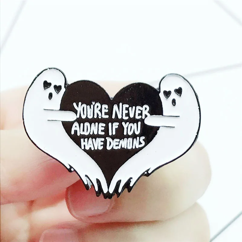 Horror Ghost Enamel Pins You Are Never Alone Heart Shapped Brooch Alloy Backpack Jeans Badge Jewelry Gift for Kids Friends