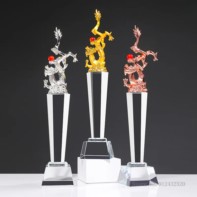 Customized Dragon Shaped Crystal Trophy Annual Meeting Awards Excellent Employee Souvenirs Home Decor Crafts Lettering Medal 1Pc