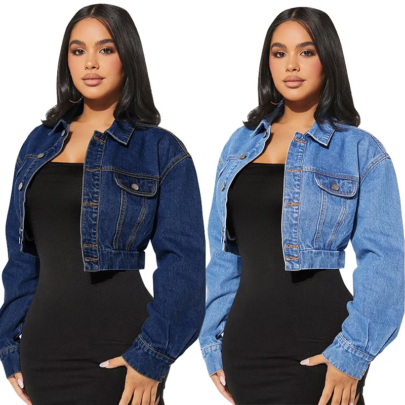 Women Denim Coats Short Solid Jacket Long Sleeves Turn Down Collar Pocket Elastic Waist Cinch Slim Casual Strretwear 2026 Autumn