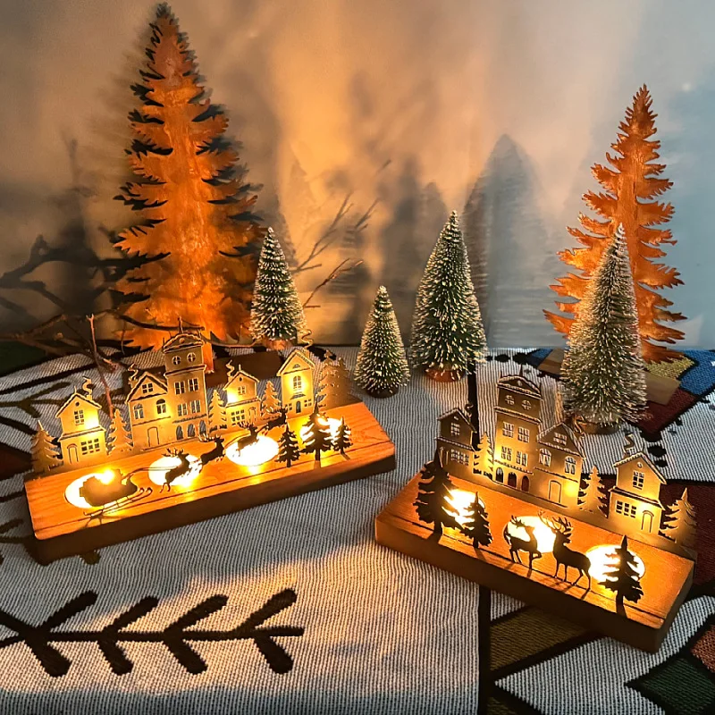 

New iron Christmas tree candle holder wooden base candle holder house scene layout ornament decoration