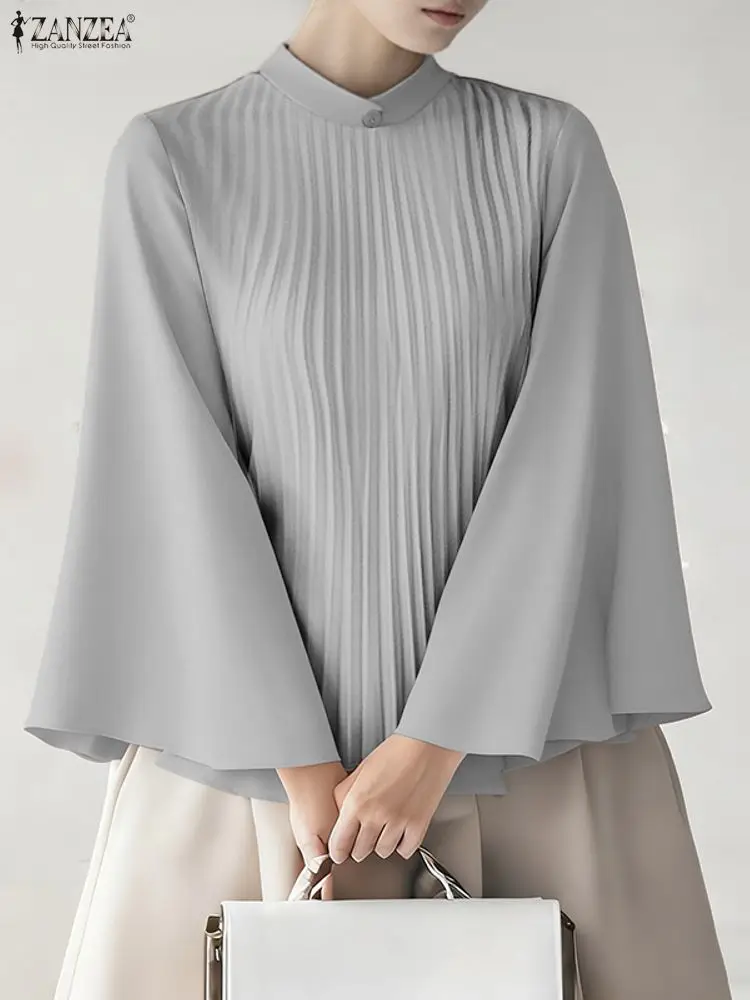 

ZANZEA Elegant Chic Plisse Women Blouses Stand Collar Long Flare Sleeve Solid Color Pleated Tops Autumn Fashion Woman Clothes