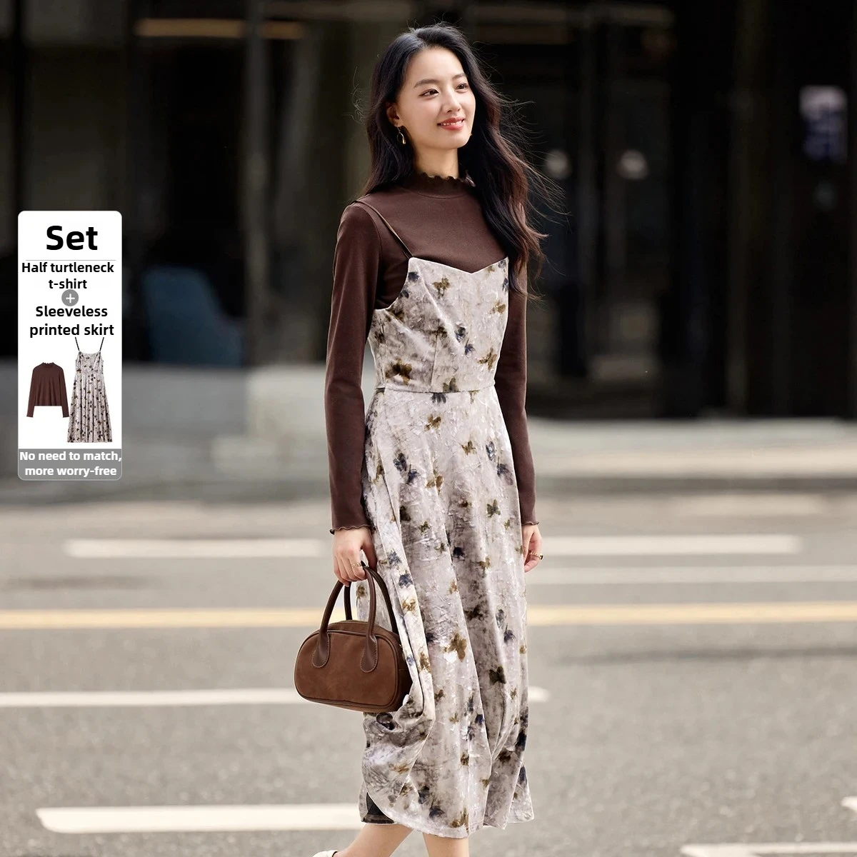 

SENTUBILA Elegant Temperament Dress Sets Women's Autumn Long Sleeve Knitted T-Shirt Printed Midi Dress Two Piece Set 154ZB3447