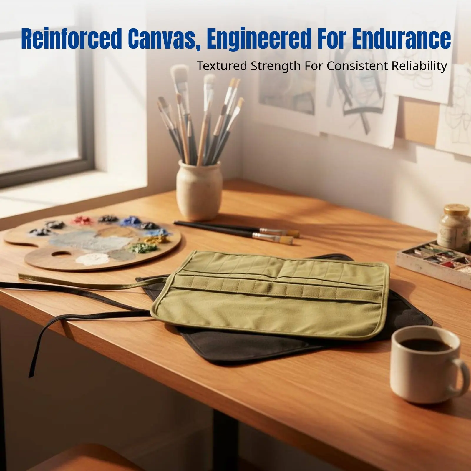 Canvas Brush Roll, Paintbrush Organizer with Multiple Pockets, Portable Watercolor Pen Bag, Black or Olive