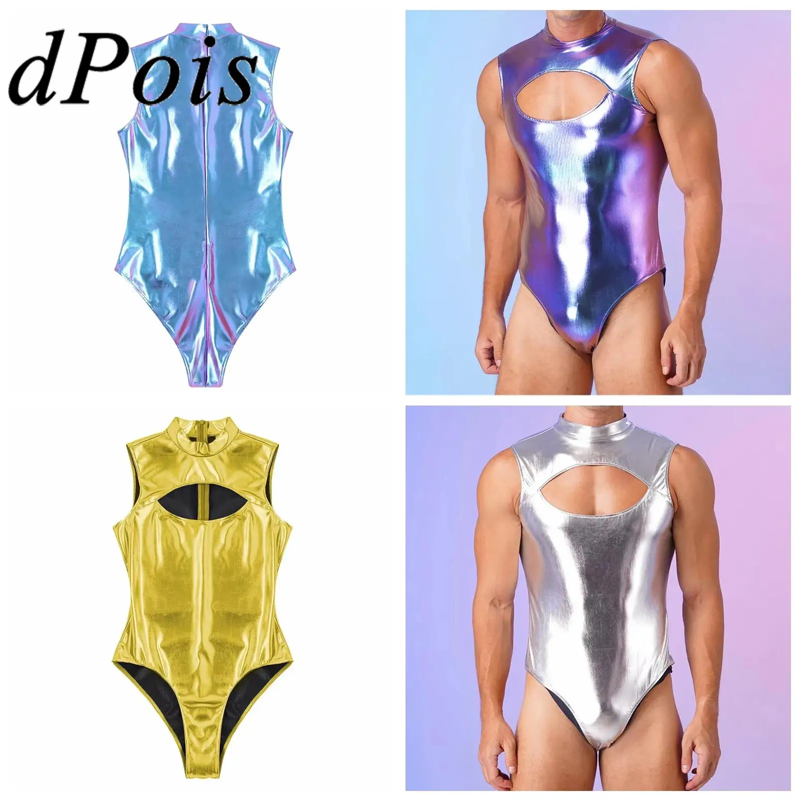 

Men's One-Piece Bodycon Bodysuit Sexy Metallic Shiny High Cut Sleeveless Leotard Clubbing Pool Party Clubwear Nightclub Costume