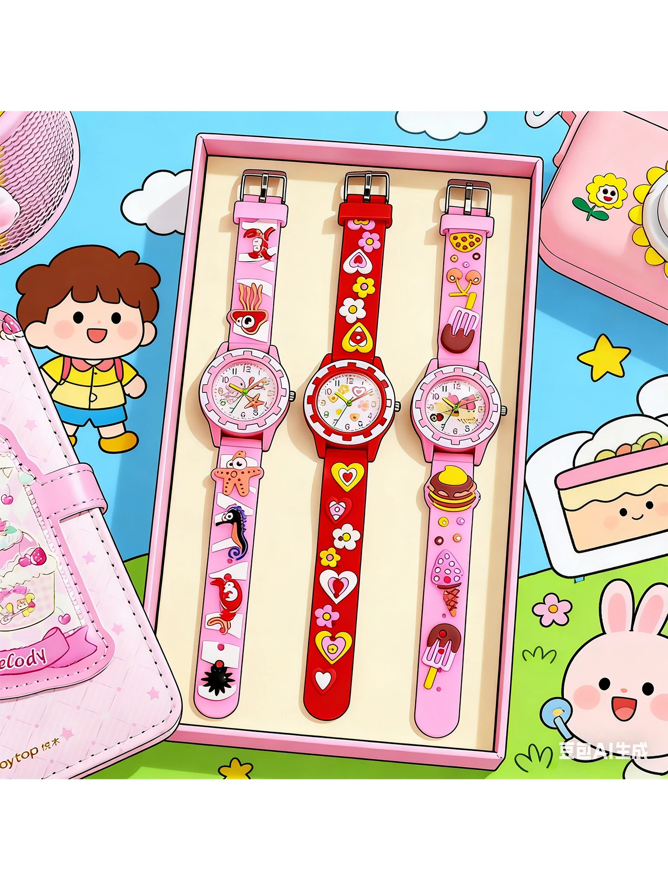 

Детские часы с милым мультяшным дизайном, 3D-силиконовый ремешок, красочный циферблат, водонепроницаемые часы для девочек, идеальный подарок на день рождения
