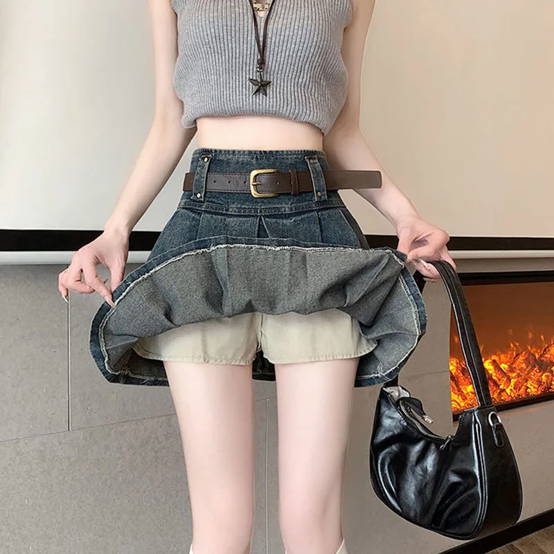 Vintage Belt Denim Mini Skirts Women Y2K High Waist Streetwear Pleated Jeans Skirts Female Summer Korean All Match A Line Skirts