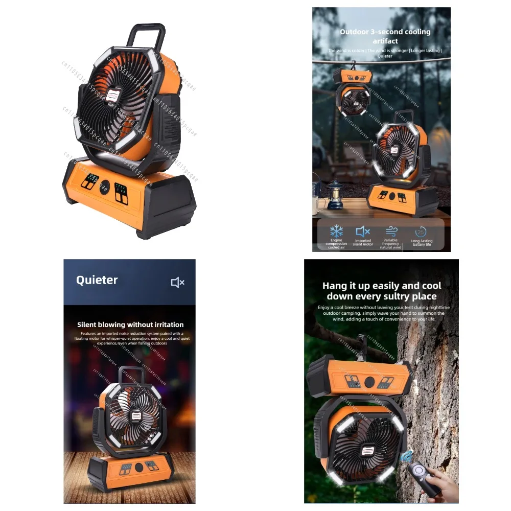 Portable Solar Powered Camping Fan with Timer for Fishing and Travel, 10000mAh USB Charging, 27x30