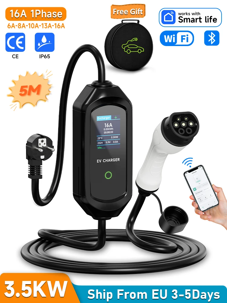 AFEEV 3,5 kW 16 A 1-Phasen-tragbares EV-Ladegerät Typ2 IEC62196-2 EVSE Schnellladekabel Wallbox WiFi APP Bluetooth Wireless Control