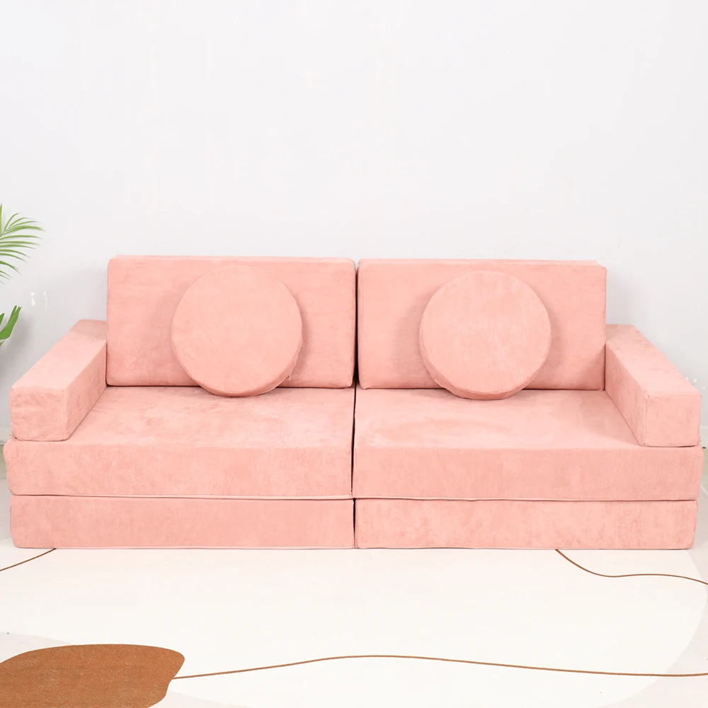 Saien Modern Pink colour Velvet chair Curved Sofa Couches Children play toy sectional 10pcs modular foam kids play sofa