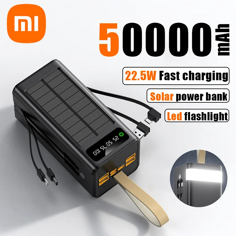 

Xiaomi 50000mAh Thicken Solar Power Bank High-capacity Built-in Cables External Battery LED Light Power Bank for iPhone Lenovo