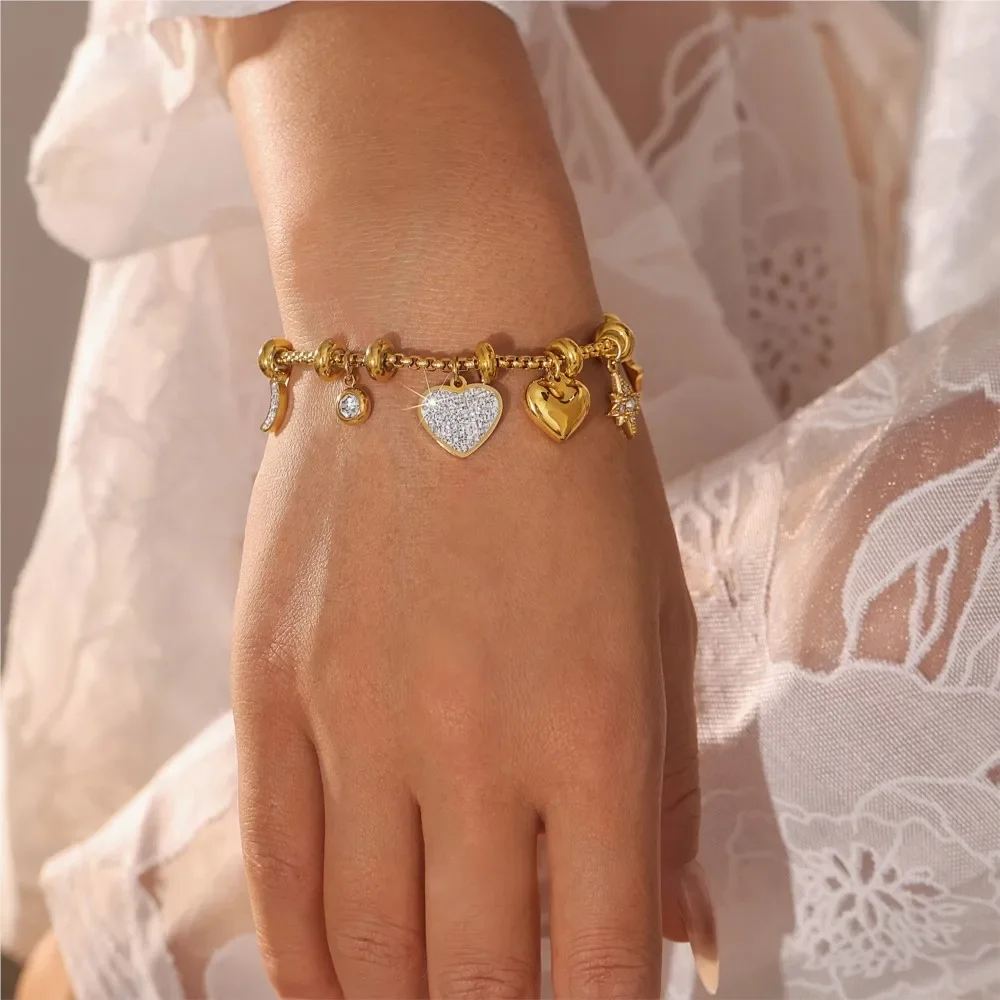 

316L Stainless Steel Heart Charm Bracelets For Women Various Pendants With Shining Zircon Women's Hand Bracelet