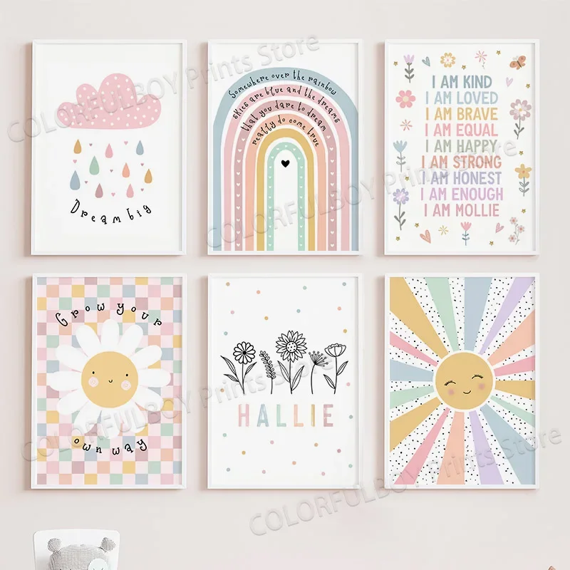 Cartoon Sonnenblume Regenbogen Wolken Regen Wandkunst Poster Kunstdrucke Leinwandgemälde Wandbilder Baby Kinderzimmer Heimdekoration
